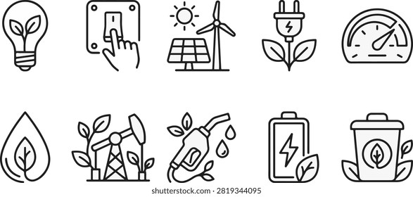 Renewable Green Energy Sources Solar Panels and Eco Friendly Technology Symbols Flat Vector Illustration Icon Bundle Set High Resolution