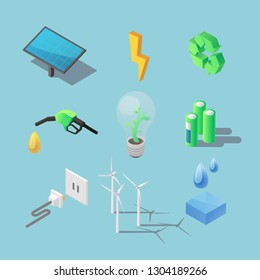 Renewable green energy sources technologies symbols and uses variaties isometric icons collection isolated vector illustration