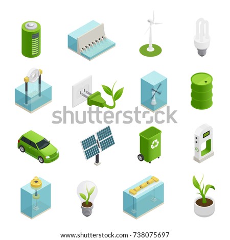 Renewable green energy sources technologies symbols and uses variaties isometric icons collection isolated vector illustration 