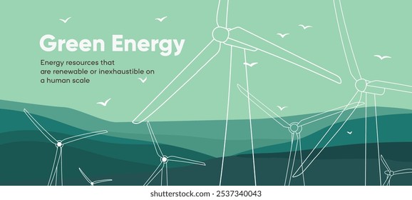 Renewable green energy web banner design. Wind mills contour silhouette on website layout. Windmill turbines, propellers system for generation alternative, eco clean power. Flat vector illustration