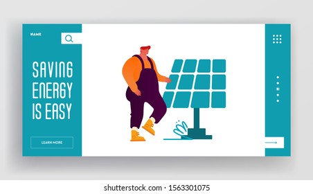 Renewable Green Energy Website Landing Page. Man in Working Overalls Stand at Solar Panel. People Using Power of Sun for Clean Electricity Development Web Page Banner. Cartoon Flat Vector Illustration