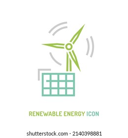 Renewable green power icon, sign. Recycling, alternative energy source. Innovation, future technology, ecology concept. Editable vector illustration in outline style isolated on a white background