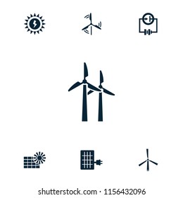 Renewable icon. collection of 7 renewable filled icons such as mill, electricity, solar panel. editable renewable icons for web and mobile.