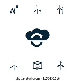 Renewable icon. collection of 7 renewable filled icons such as mill, electricity, cloud sync. editable renewable icons for web and mobile.