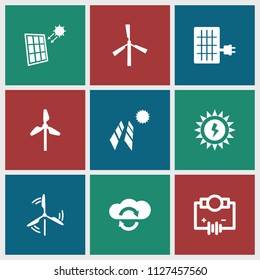 Renewable icon. collection of 9 renewable filled icons such as mill, electricity, cloud sync, solar panel. editable renewable icons for web and mobile.