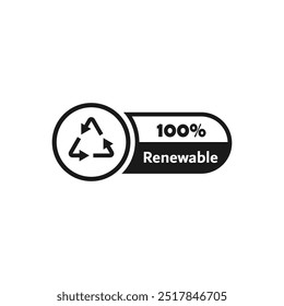 Ícone Renovável. Energia renovável ou sinal do produto, etiqueta, rótulo, selo da embalagem. Ecologicamente seguro. Vetor. 100% renovável.