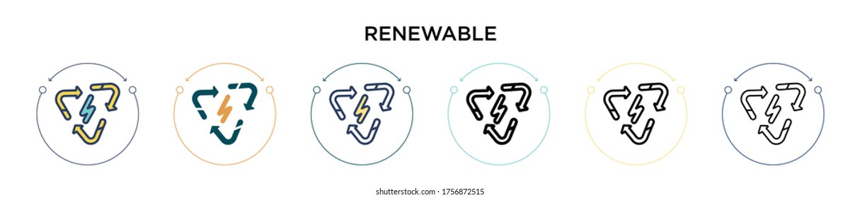 Icono renovable en el estilo relleno, delgado, contorno y trazo. Ilustración vectorial de dos diseños de iconos vectoriales renovables de color y negro se pueden utilizar para móviles, ui, web
