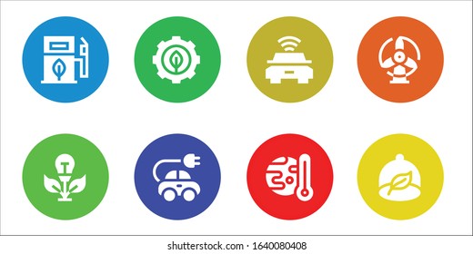 renewable icon set. 8 filled renewable icons. Included Eco fuel, Green energy, Electric car, Global warming, Windmill, Ecologism icons