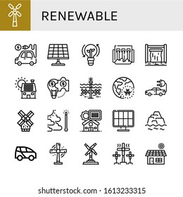 renewable icon set. Collection of Windmill, Electric vehicle, Solar panel, Clean energy, Hydro power, Dam, Hybrid solution, Tidal, Global warming, Electric car, Solar energy icons