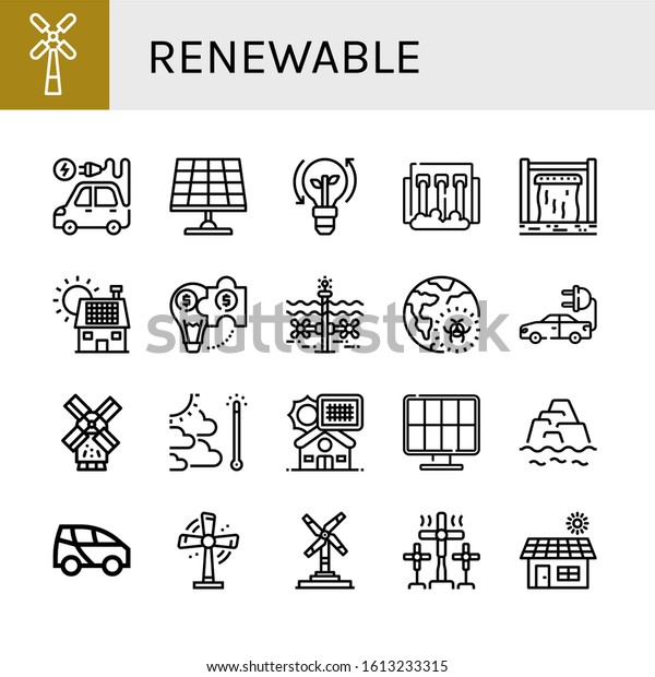 renewable icon\
set. Collection of Windmill, Electric vehicle, Solar panel, Clean\
energy, Hydro power, Dam, Hybrid solution, Tidal, Global warming,\
Electric car, Solar energy\
icons