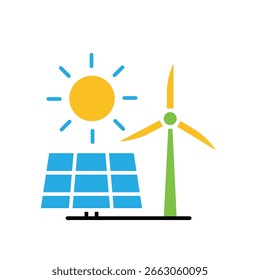 Ícone Renovável. Vetor de sustentabilidade. Painéis solares e turbinas eólicas. Reutilizar, reciclar, ícone da Web. estilo de design plano.