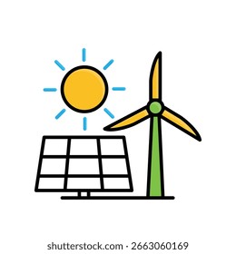 Icono renovable. Vector de sostenibilidad. Paneles solares y turbinas eólicas. Reutilizar, reciclar, icono de Web. estilo de diseño mixto.