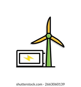 Icono renovable. Vector de sostenibilidad. Turbina eólica con batería de energía. Reutilizar, reciclar, icono de Web. estilo de diseño mixto