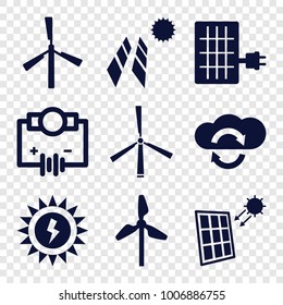 Renewable icons. set of 9 editable filled renewable icons such as mill, electricity, solar panel, cloud sync