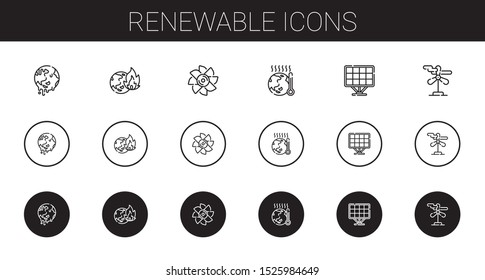 renewable icons set. Collection of renewable with global warming, turbine, solar panel, wind turbine. Editable and scalable renewable icons.