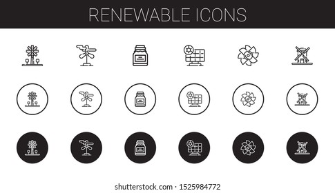 renewable icons set. Collection of renewable with windmill, wind turbine, conserve, solar panel, turbine. Editable and scalable renewable icons.