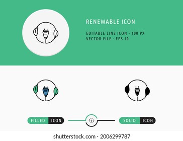 Renewable icons set editable stroke vector illustration. Energy power resource symbol. Icon line style on isolated background for ui mobile app, web design, and presentation.