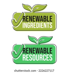 Renewable ingredients horizontal sticker in square shape. Badge for local recycling programs and labeling