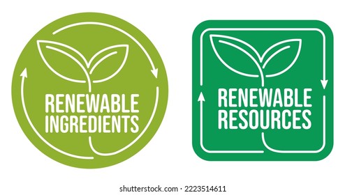 Renewable ingredients sticker with plant shape. Badge for local recycling programs and labeling