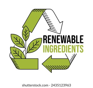 Renewable ingredients triangular sticker in thin line. Badge for local recycling programs and labeling