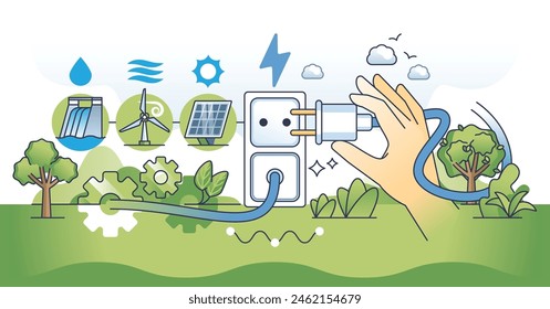 Renewable integration for green electricity power outline hands concept. Use solar, wind or hydro energy as alternative to fossil burning vector illustration. Sustainable and environmental management