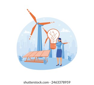 Renewable natural resources. The company uses solar panels to generate electricity. Circular economy concept. Flat vector illustration.