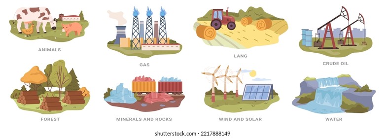 Renewable natural resources, isolated animals and gas, lang and crude oil, forest and minerals, rocks and water. Wind and solar power. Vector in flat style