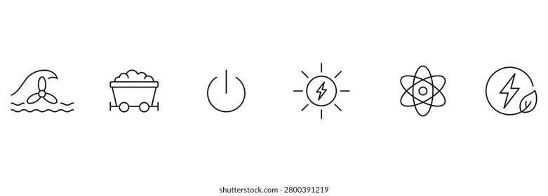 Renewable and non renewable energy generation icon set featuring tidal, coal, power button, solar, nuclear, eco green electricity vector illustration.