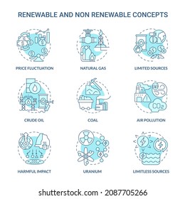 Renewable and non renewable energy turquoise blue icons set. Types of sources idea thin line color illustrations. Isolated outline drawings. Editable stroke. Roboto-Medium, Myriad Pro-Bold fonts used