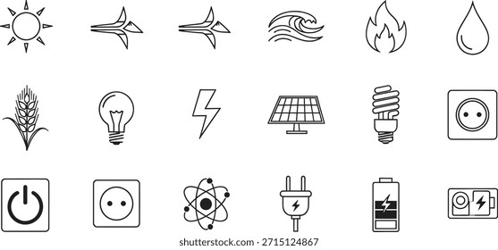 Fuentes de energía renovables y no renovables en iconos simples en blanco y negro