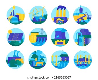 Renewable and nonrenewable energy types. Electricity generation sources. Solar, water, fossil, wind, nuclear, coal, gas, thermal, geothermal, biomass. Hydro and chemical power plants station resources