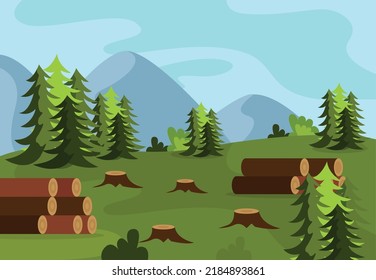 Renewable and nonrenewable resources flat background with fragment of softwood forest with felled trees and stacked trunks vector illustration