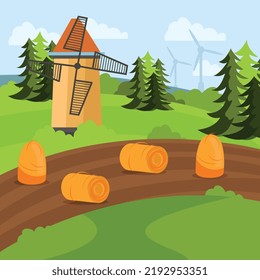 Renewable and nonrenewable resources flat background with oil barrels scattered on road passing through forest past the windmill vector illustration