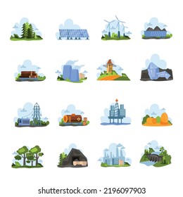 Renewable and nonrenewable resources flat icons set of solar water fossil wind energy types resources isolated vector illustration