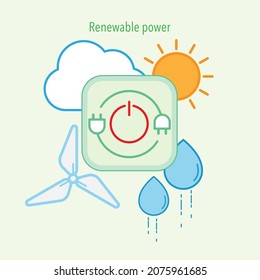 Renewable power emits no or low greenhouse gas, good for people and environment. Renewable energy benefits and resources. Vector illustration outline flat design style.