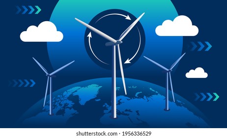 Renewable power and energy generation concept, wind turbines and Earth globe on navy background