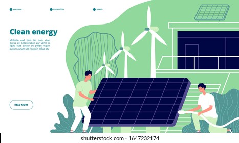 Renewable power energy. Smart grid, renewable storage. Future solar electric system. Environmental battery engineers vector landing page