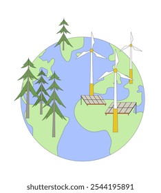 Renewable power generation on planet earth 2D cartoon object. Global electricity production with green energy sources isolated element flat vector clipart on white background. Spot illustration