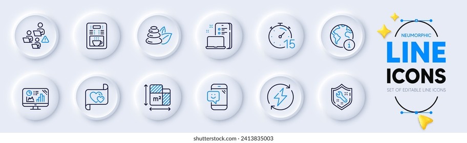Renewable power, Internet and Floor plan line icons for web app. Pack of Analytics graph, Coffee maker, Spa stones pictogram icons. Smile, Spanner, Timer signs. Love letter, Teamwork, Device. Vector