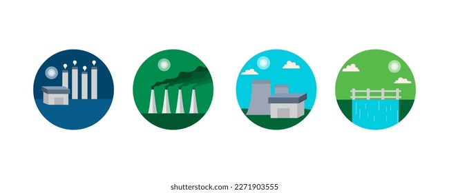 Renewable power plants station resources, Electricity generation source types. Energy mix solar, water, fossil, wind, coal, gas, geothermal and biomass.