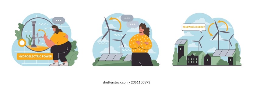 Renewable power set. Sustainable electricity consumption. Energy generation source. Solar, water, wind, geothermal and battery. Flat vector illustration