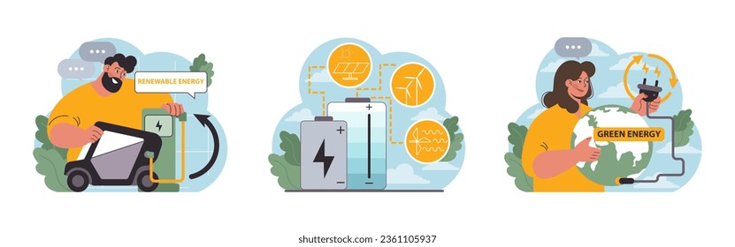 Renewable power set. Sustainable electricity consumption. Energy generation source. Solar, water, wind, geothermal and battery. Flat vector illustration