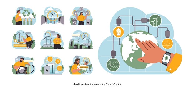 Renewable power set. Sustainable electricity consumption. Energy generation source. Solar, water, wind, geothermal and battery. Flat vector illustration