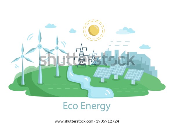 Renewable Power Sources with Windmills..\
Alternative Clean Energy Concept with Wind Turbines and Solar\
Panels. Vector flat\
illustration