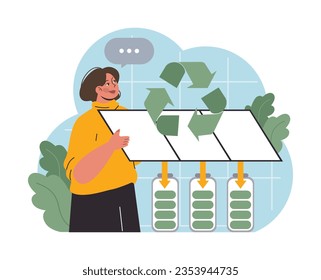 Renewable power. Sustainable electricity consumption. Energy generation source. Solar panel battery. Flat vector illustration