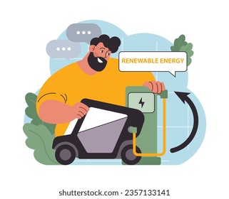 Renewable power. Sustainable electricity consumption and green public transportation. Electric car on a charger station. Flat vector illustration