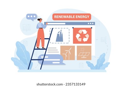 Renewable power. Sustainable electricity consumption. Energy generation source. Solar, water, wind, geothermal and battery. Flat vector illustration