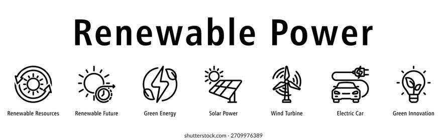 Renewable Power web banner icon vector illustration with icons of Renewable Resources, Renewable Future, Green Energy, Solar Power, Wind Turbine, Electric Car, and Green Innovation.