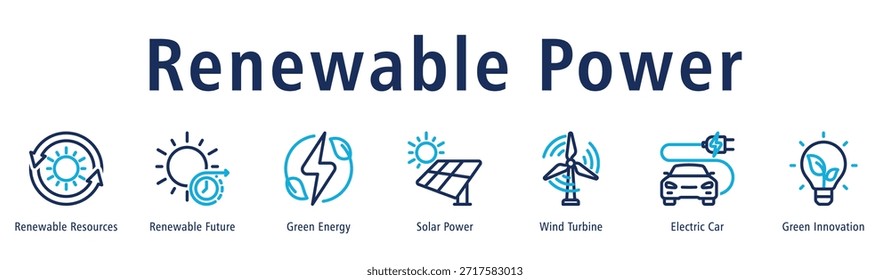 Renewable Power web banner icon vector illustration with icons of Renewable Resources, Renewable Future, Green Energy, Solar Power, Wind Turbine, Electric Car, and Green Innovation.