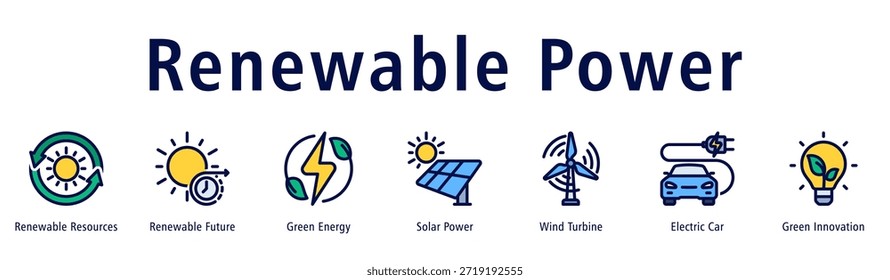 Renewable Power web banner icon vector illustration with icons of Renewable Resources, Renewable Future, Green Energy, Solar Power, Wind Turbine, Electric Car, and Green Innovation.